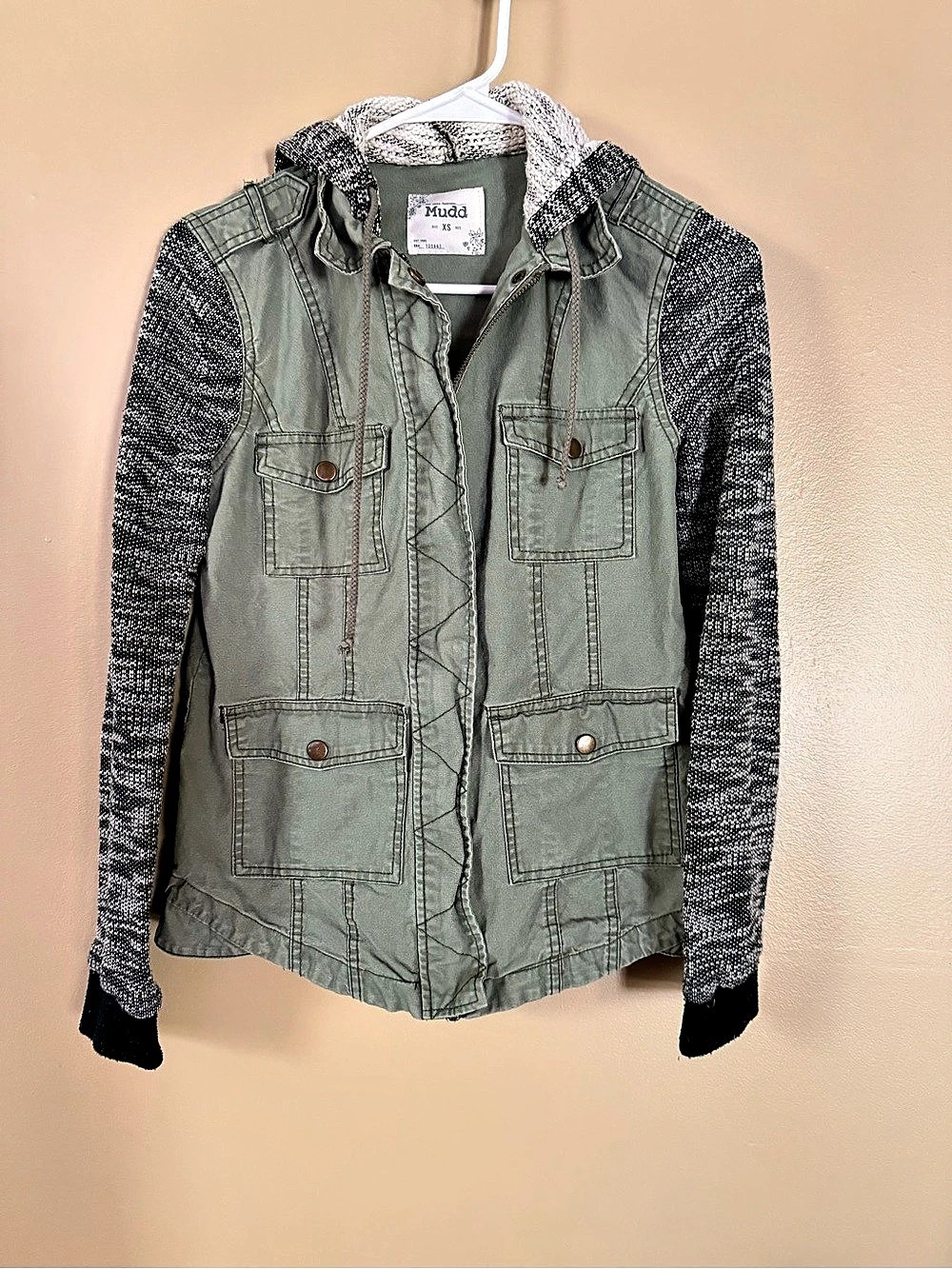 Mudd Olive Green Utility Jacket Knit Sleeves Hood XS | Bella Swan Twilight Inspi